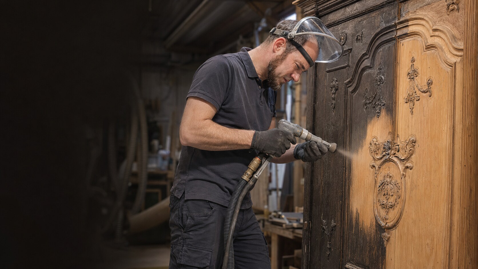 Artisan GG Solutions réalisant l’aérogommage précis d’un meuble en bois