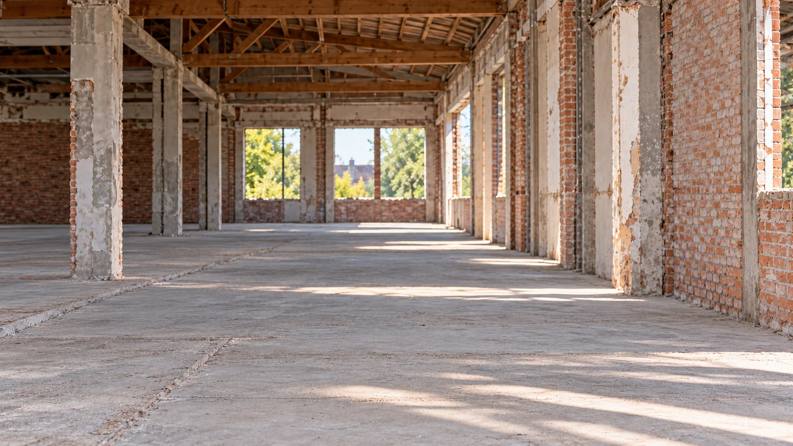 Bâtiment après curage : ouvertures sans châssis ni vitrages, sols dégagés et structure conservée