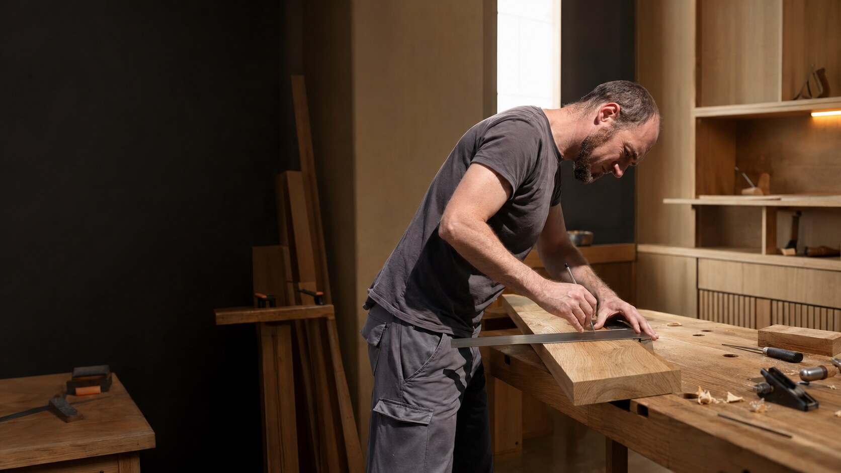 Gaëtan de GG Solutions traçant avec précision une création en bois massif