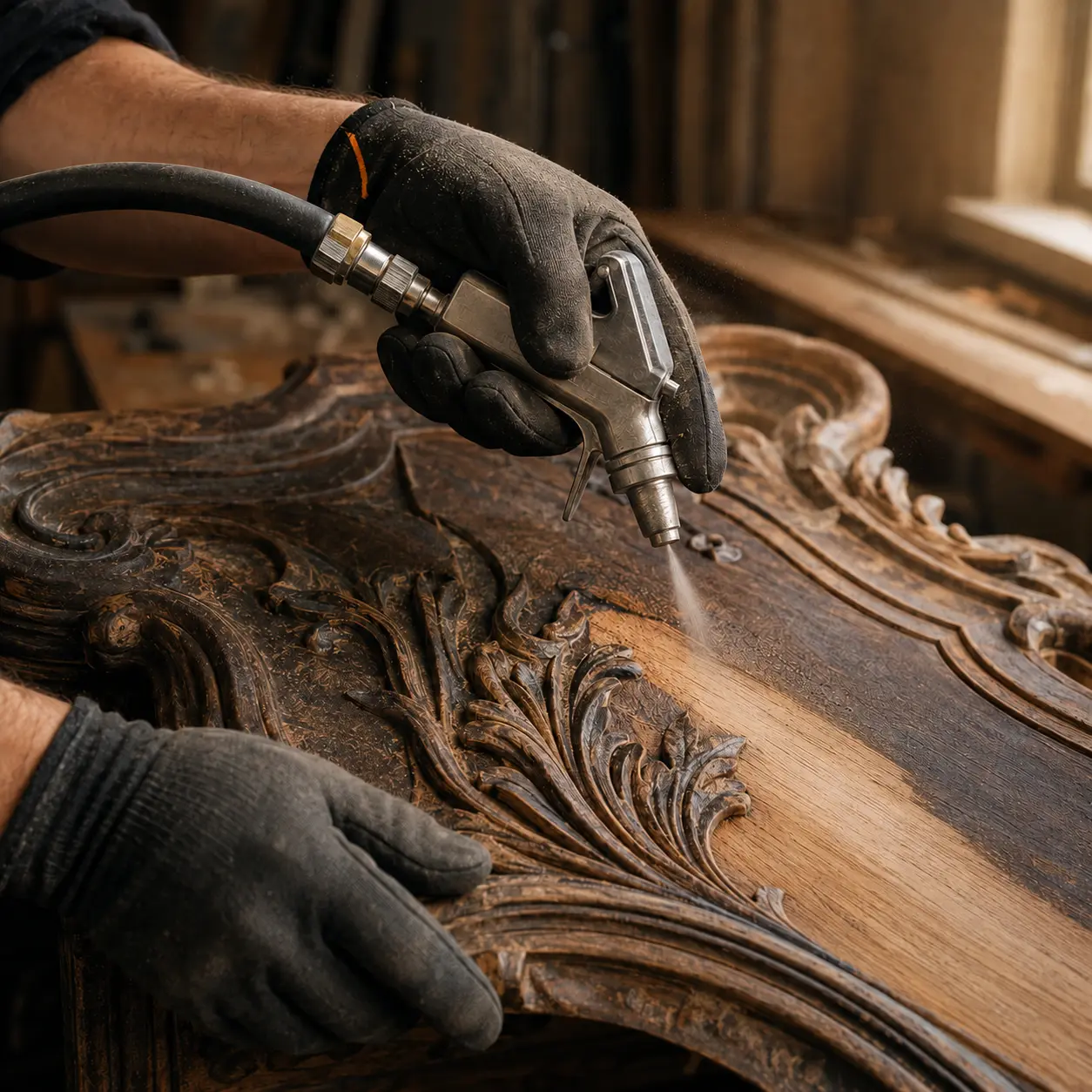 Décapage par aérogommage d’un bois sculpté